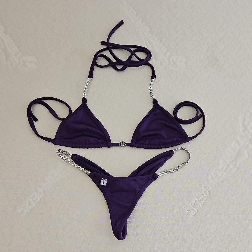 Teeny B Royal Purple Rhinestone Trim Thong Bikini